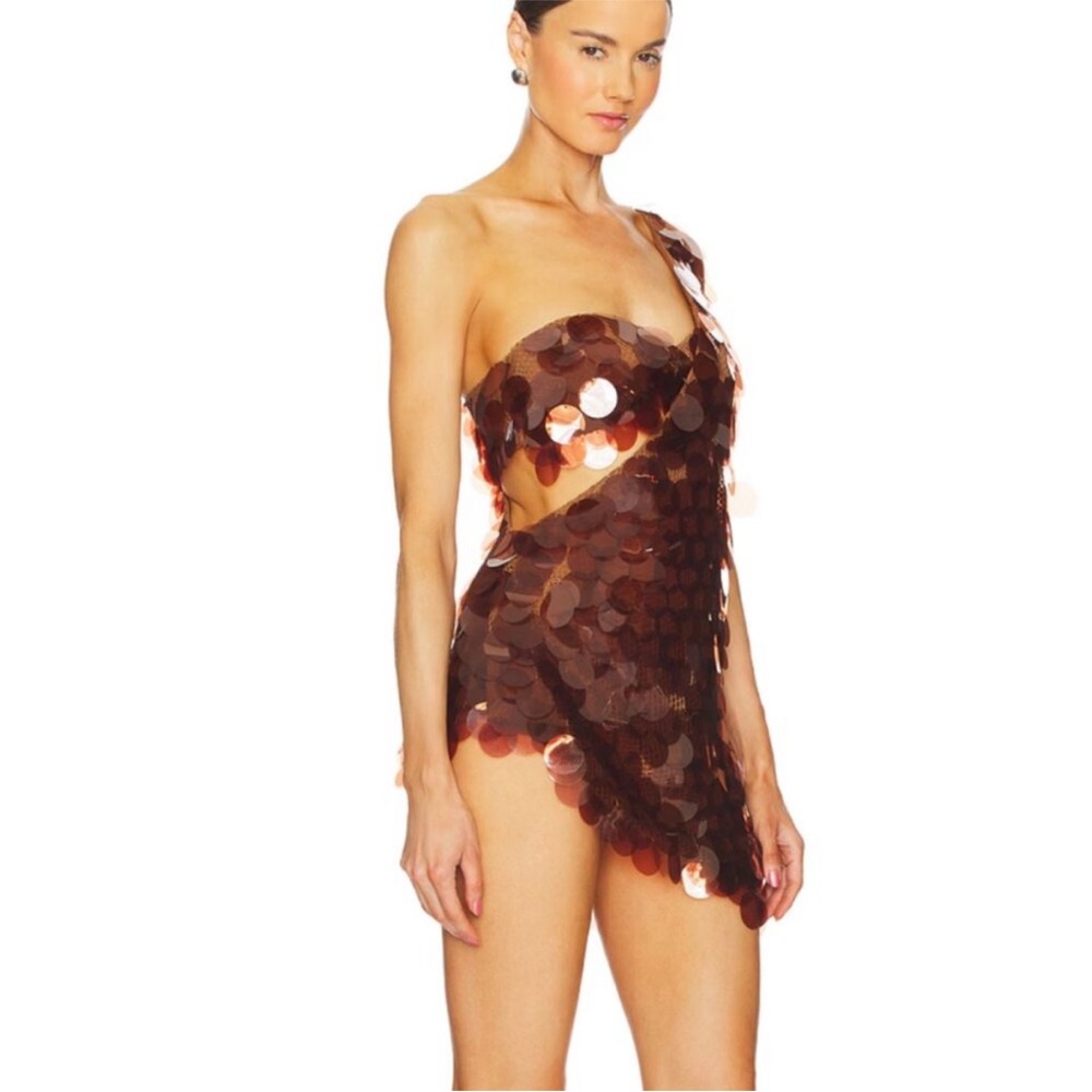 The Dolls House Gia Drape Mini Dress Set in Brown Copper Sequin size large $495 - Picture 5 of 14